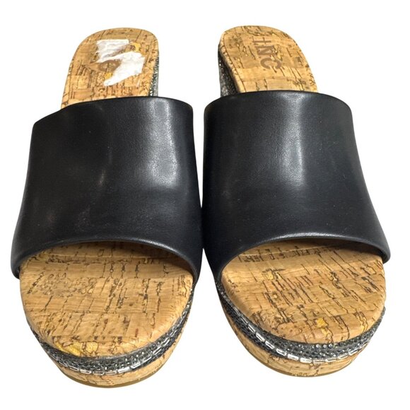 INC Black Leather Cork Wedge Sandals W/Rhinestone Embellished Heel 6.5 - Picture 5 of 10